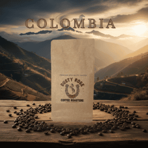 Colombia-themed promo image: a brown coffee bag labeled Dusty Rose Coffee Roasters on a wooden table with scattered beans, set against terraced mountains at sunrise.
