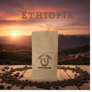 Bag of Dusty Rose Premium Specialty Coffee standing on a wooden table with coffee beans scattered around, silhouetted Ethiopian landscape at sunset in back, and ETHIOPIA text overhead.